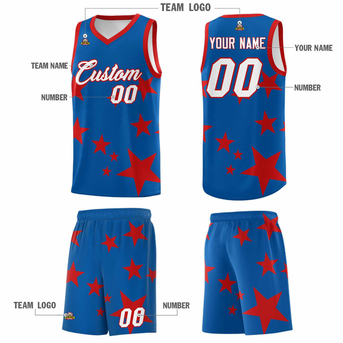 Custom Royal Red Graffiti Pattern Star Print Basketball Kits Sets