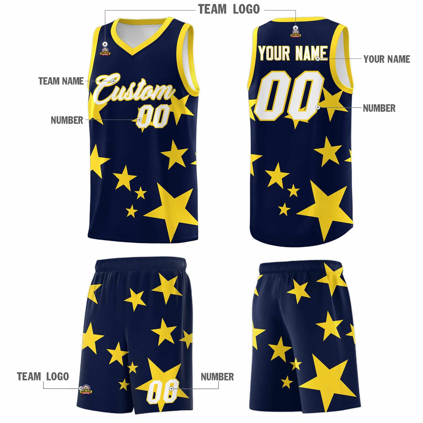 Custom Navy Gold Graffiti Pattern Star Print Basketball Kits Sets