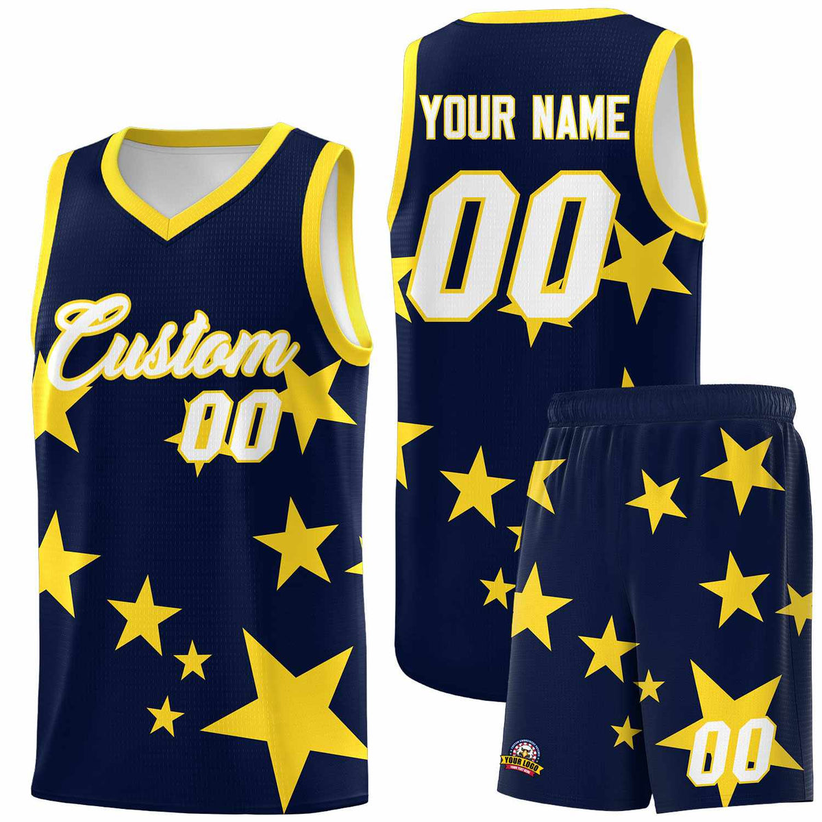 Custom Navy Gold Graffiti Pattern Star Print Basketball Kits Sets