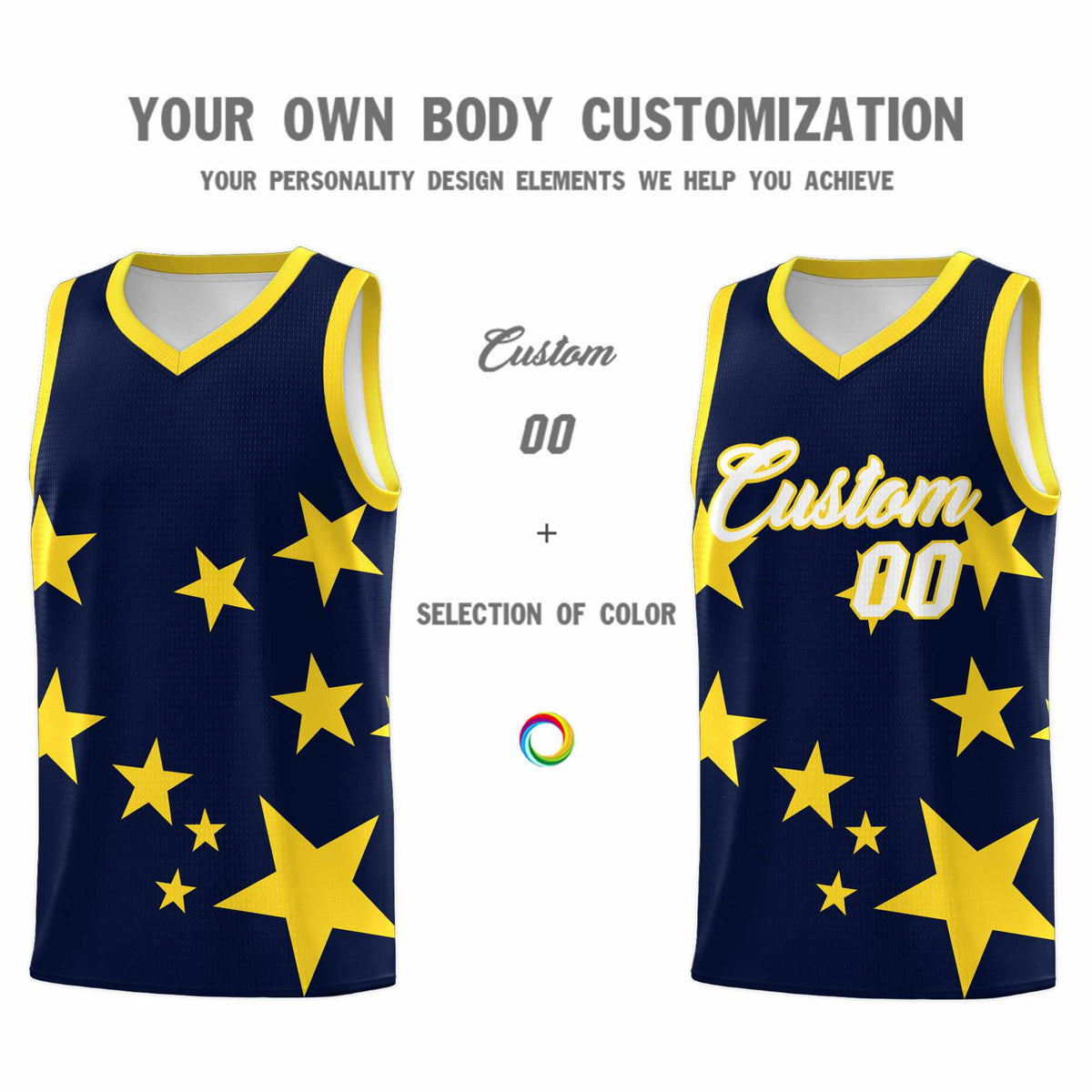 Custom Navy Gold Graffiti Pattern Star Print Basketball Kits Sets