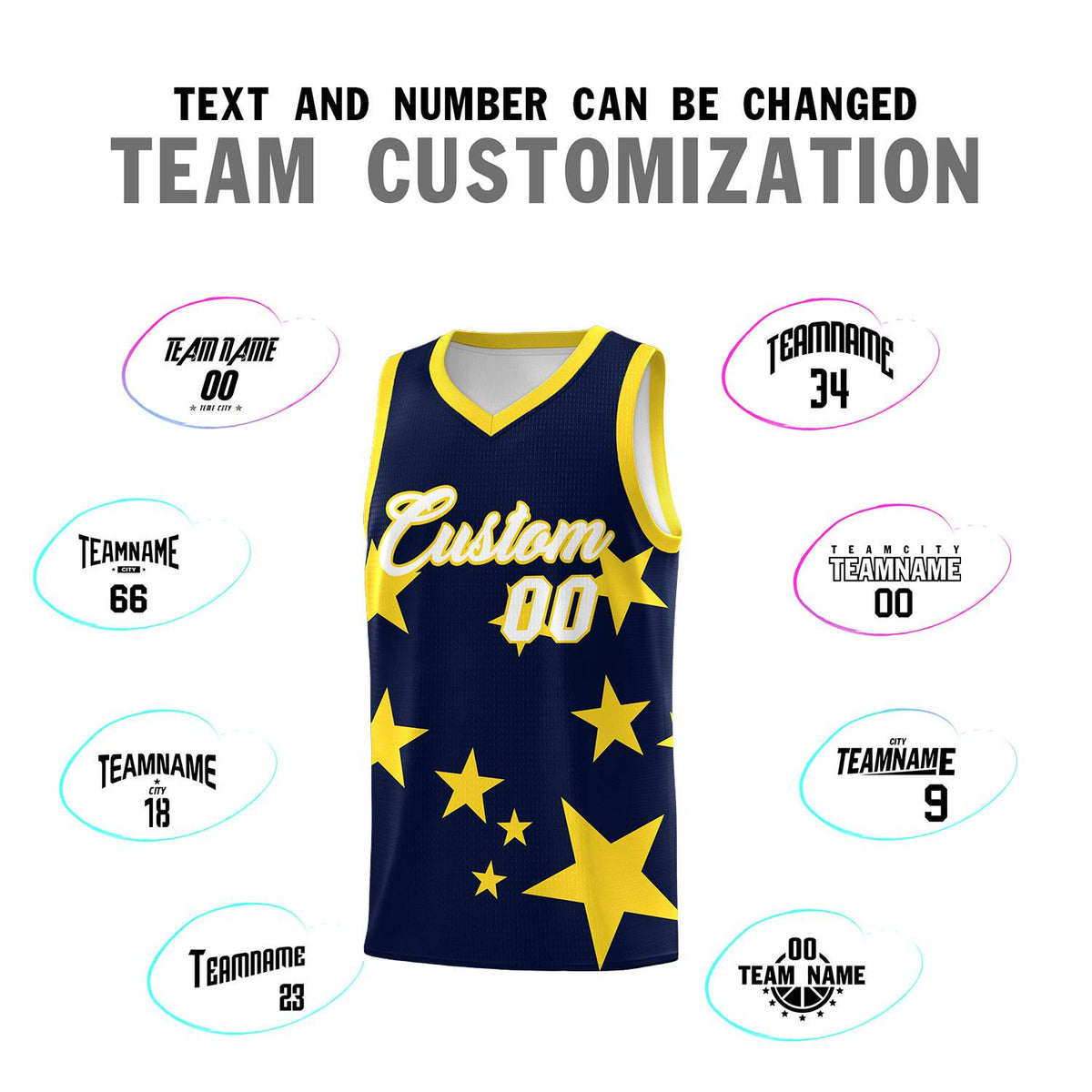 Custom Navy Gold Graffiti Pattern Star Print Basketball Kits Sets