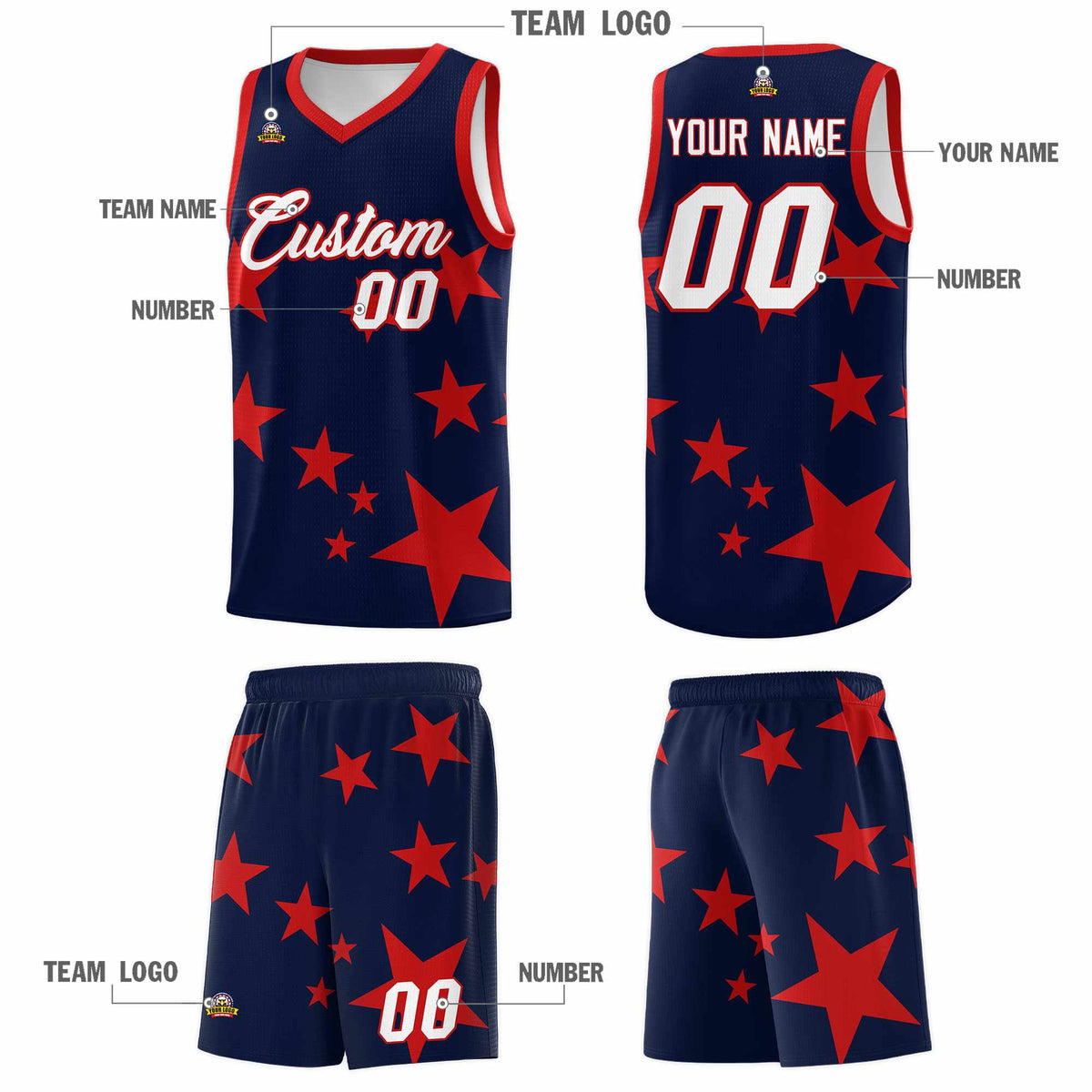 Custom Navy Red Graffiti Pattern Star Print Basketball Kits Sets