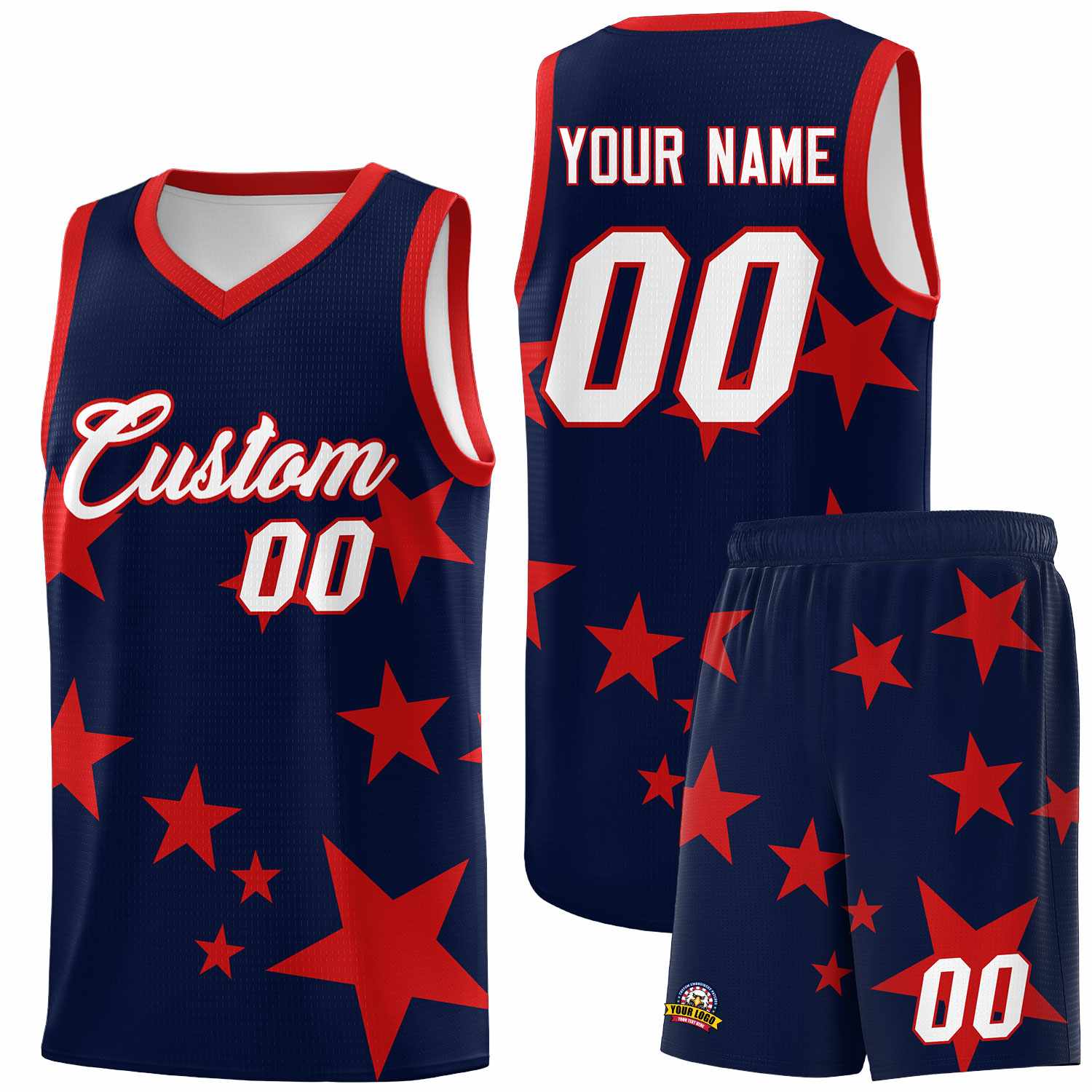 Custom Navy Red Graffiti Pattern Star Print Basketball Kits Sets