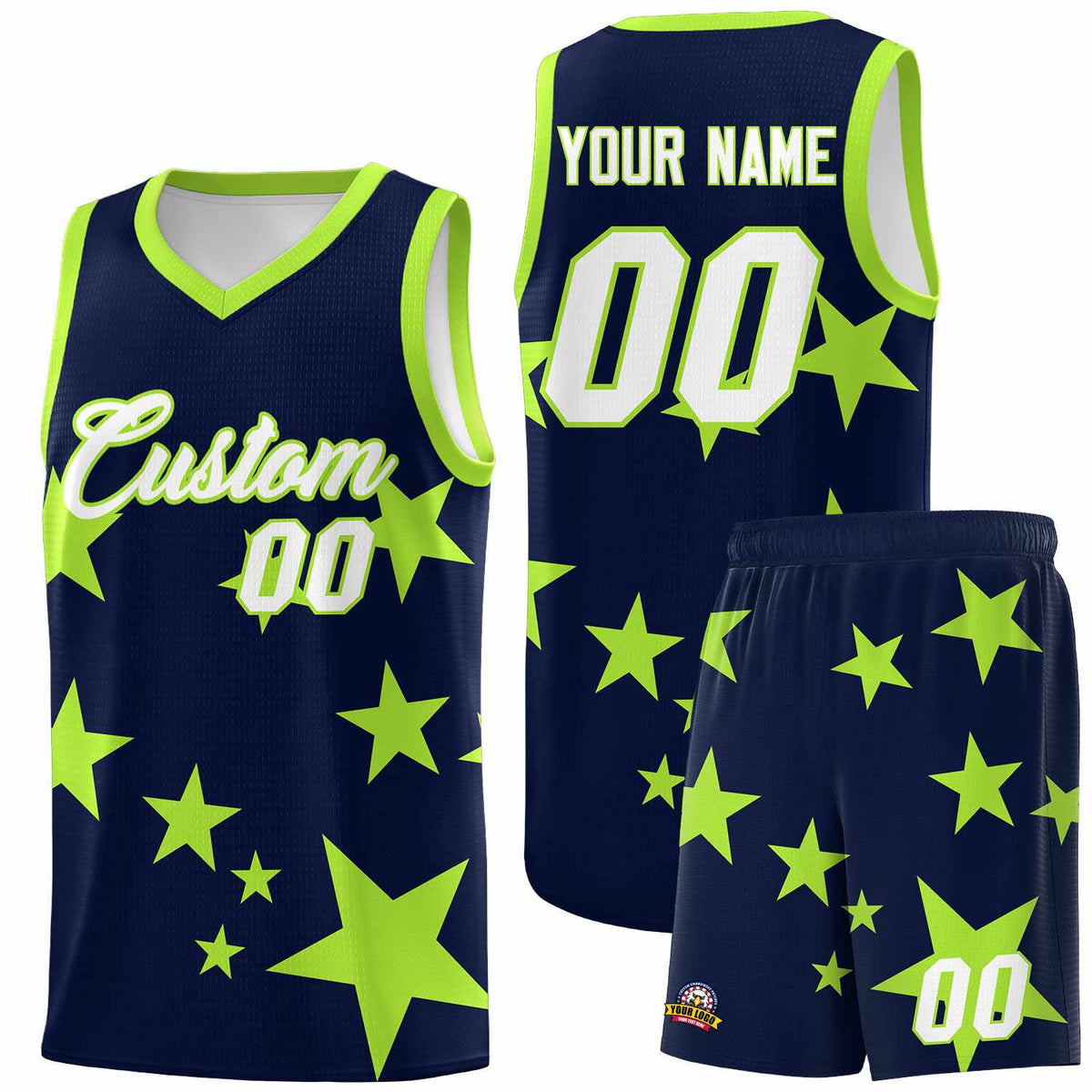 Custom Navy Light Green Graffiti Pattern Star Print Basketball Kits Sets