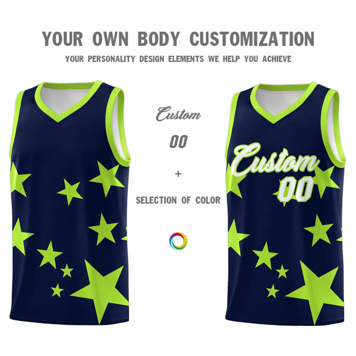 Custom Navy Light Green Graffiti Pattern Star Print Basketball Kits Sets