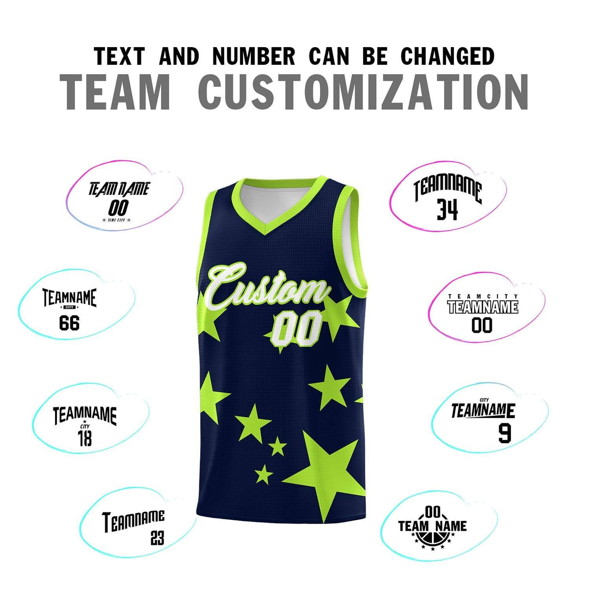 Custom Navy Light Green Graffiti Pattern Star Print Basketball Kits Sets