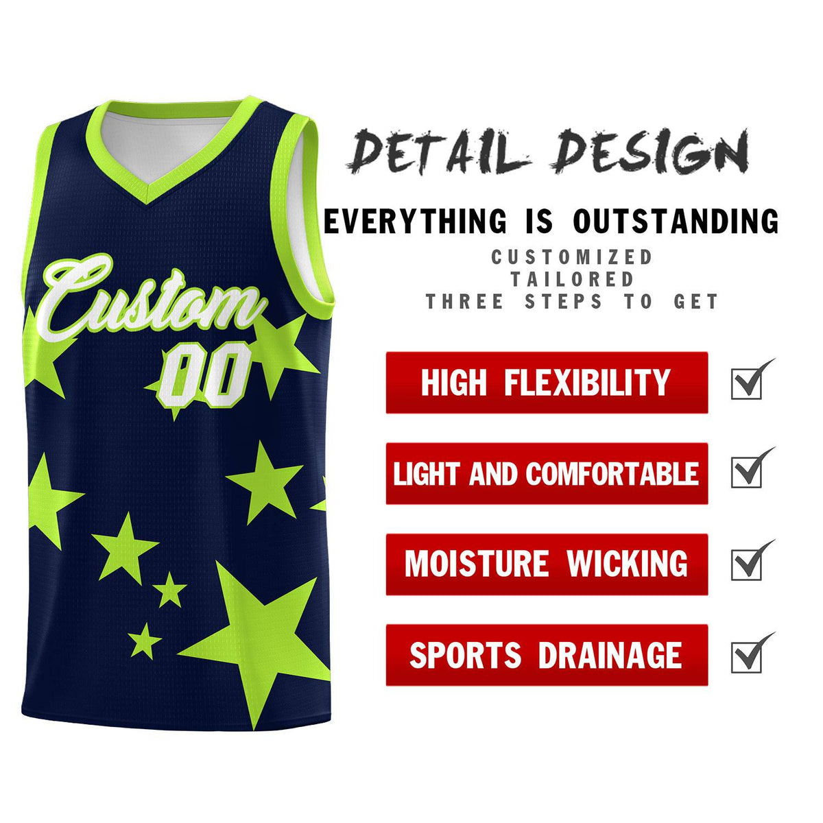 Custom Navy Light Green Graffiti Pattern Star Print Basketball Kits Sets