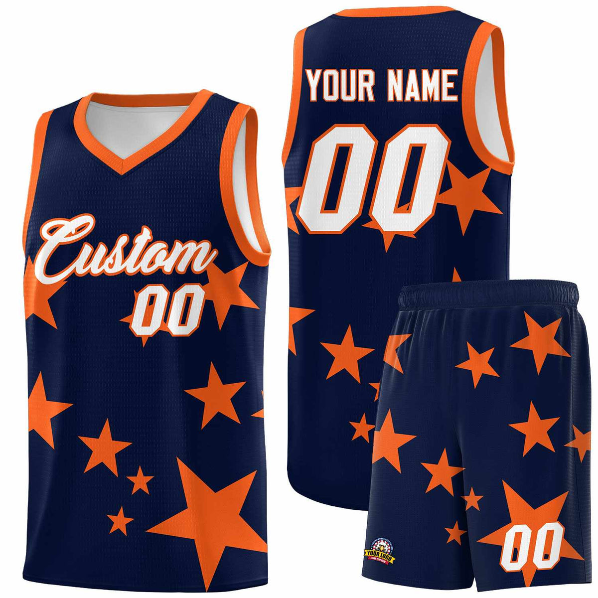 Custom Navy Orange Graffiti Pattern Star Print Basketball Kits Sets