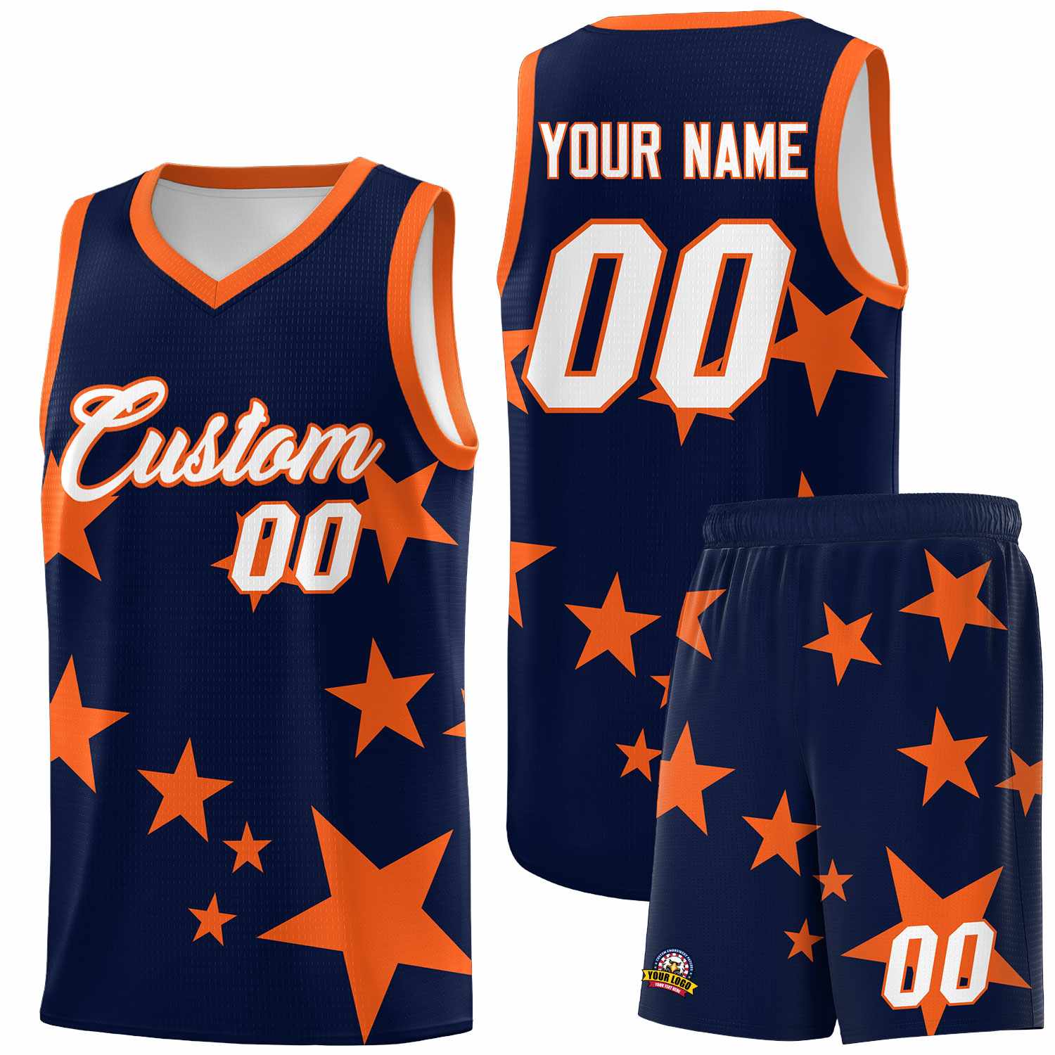 Custom Navy Orange Graffiti Pattern Star Print Basketball Kits Sets
