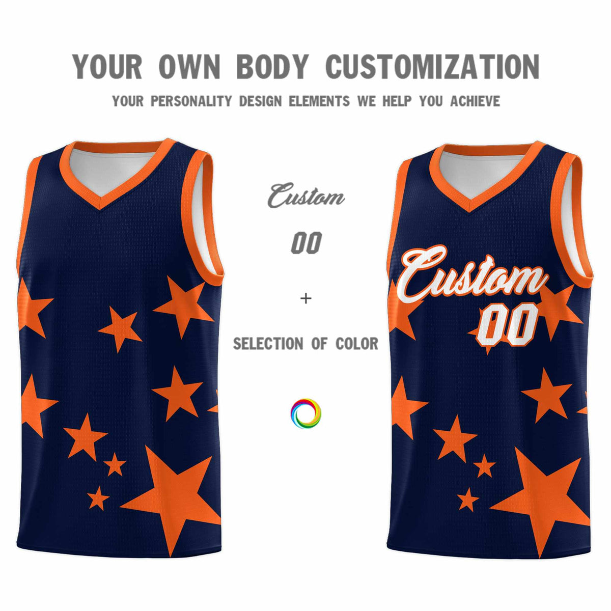 Custom Navy Orange Graffiti Pattern Star Print Basketball Kits Sets