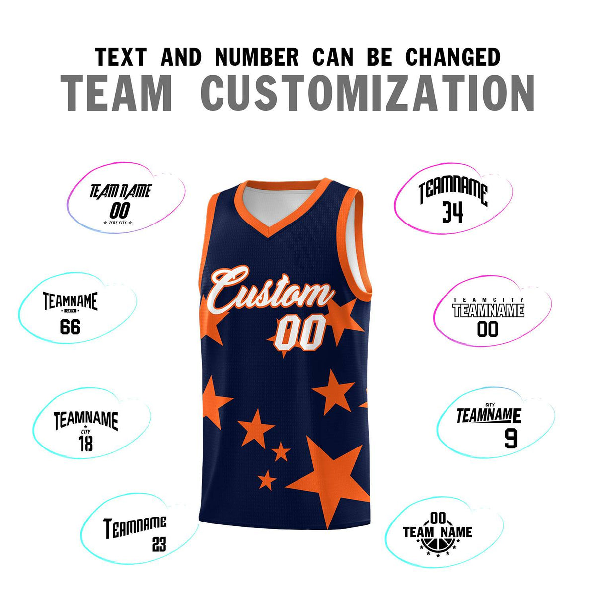 Custom Navy Orange Graffiti Pattern Star Print Basketball Kits Sets