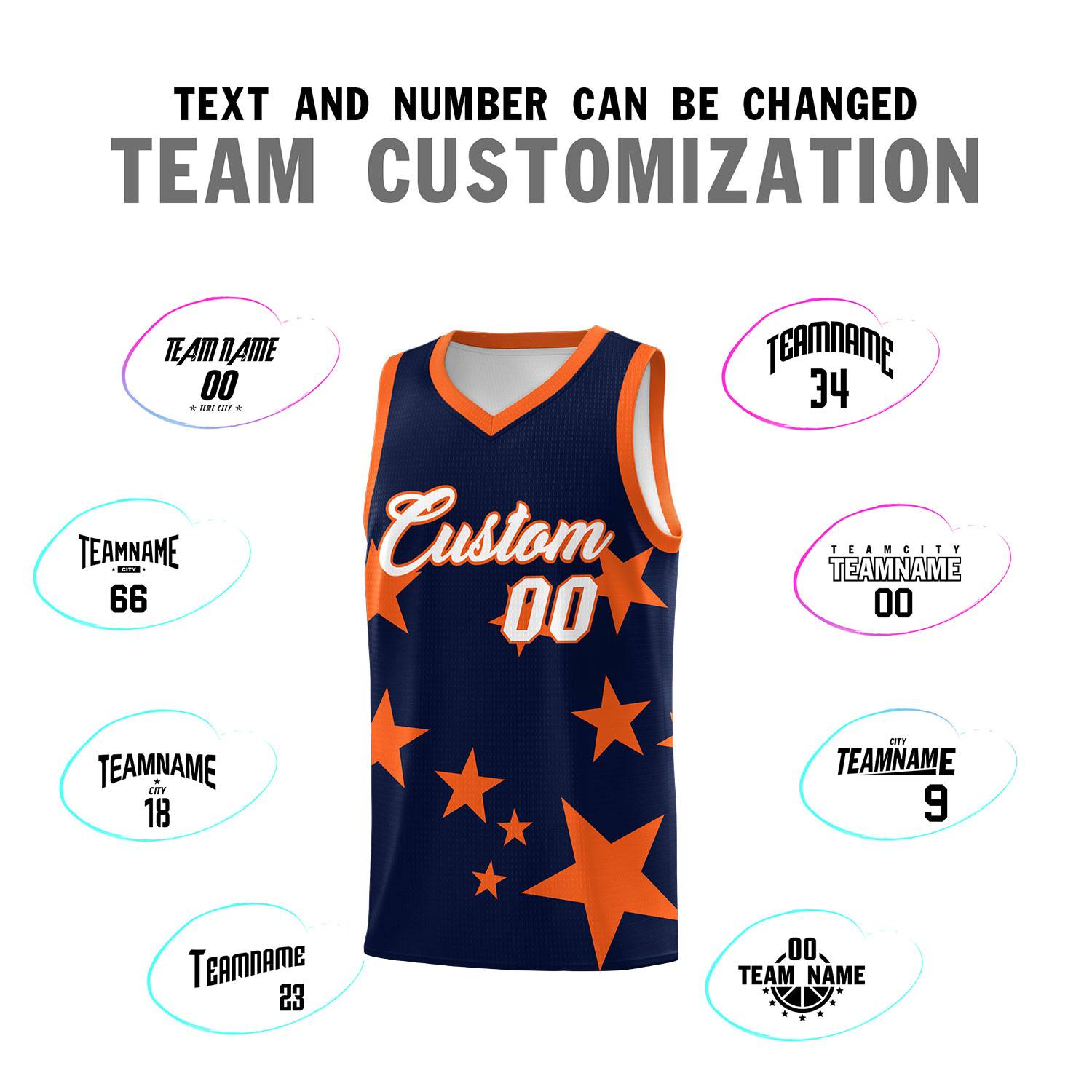 Custom Navy Orange Graffiti Pattern Star Print Basketball Kits Sets