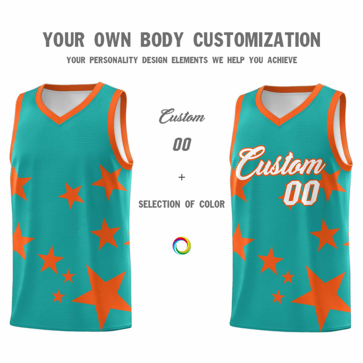 Custom Aqua Orange Graffiti Pattern Star Print Basketball Kits Sets