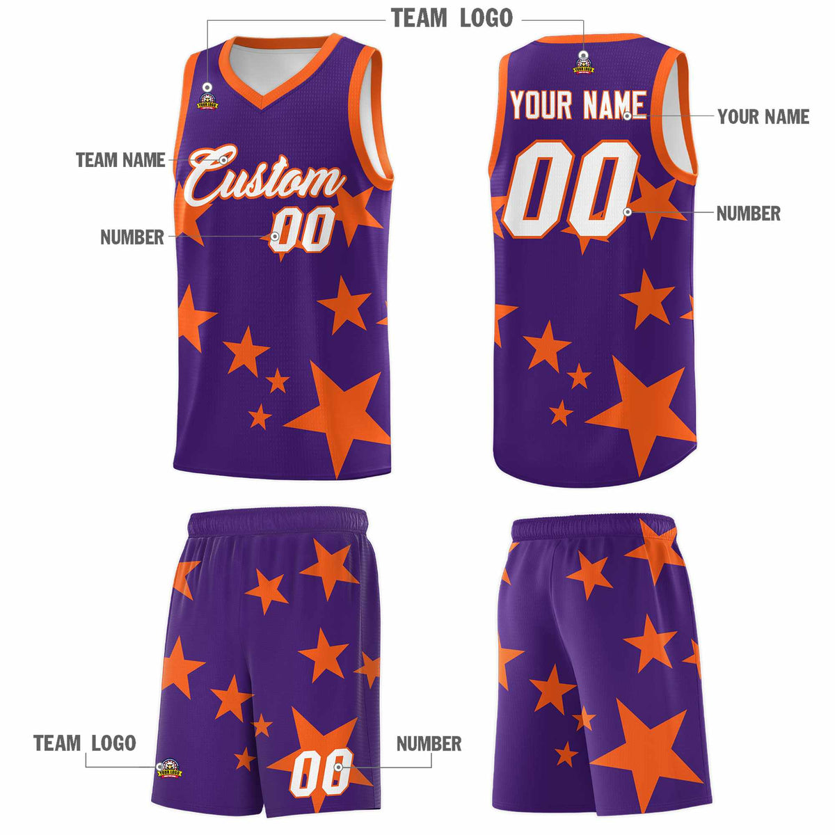 Custom Purple Orange Graffiti Pattern Star Print Basketball Kits Sets