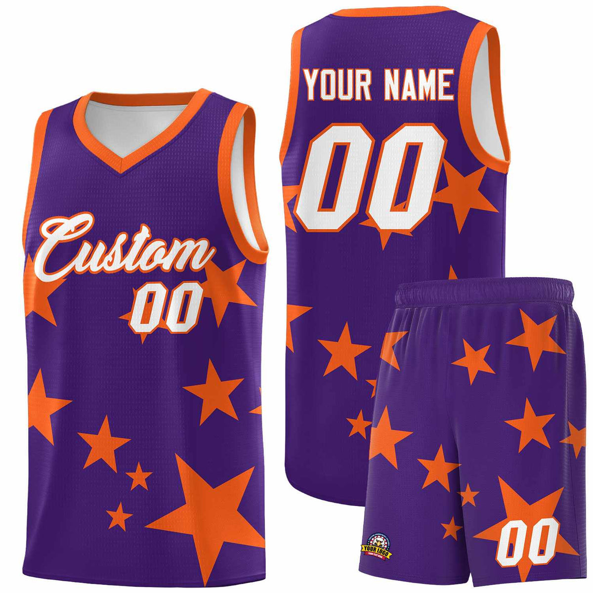 Custom Purple Orange Graffiti Pattern Star Print Basketball Kits Sets