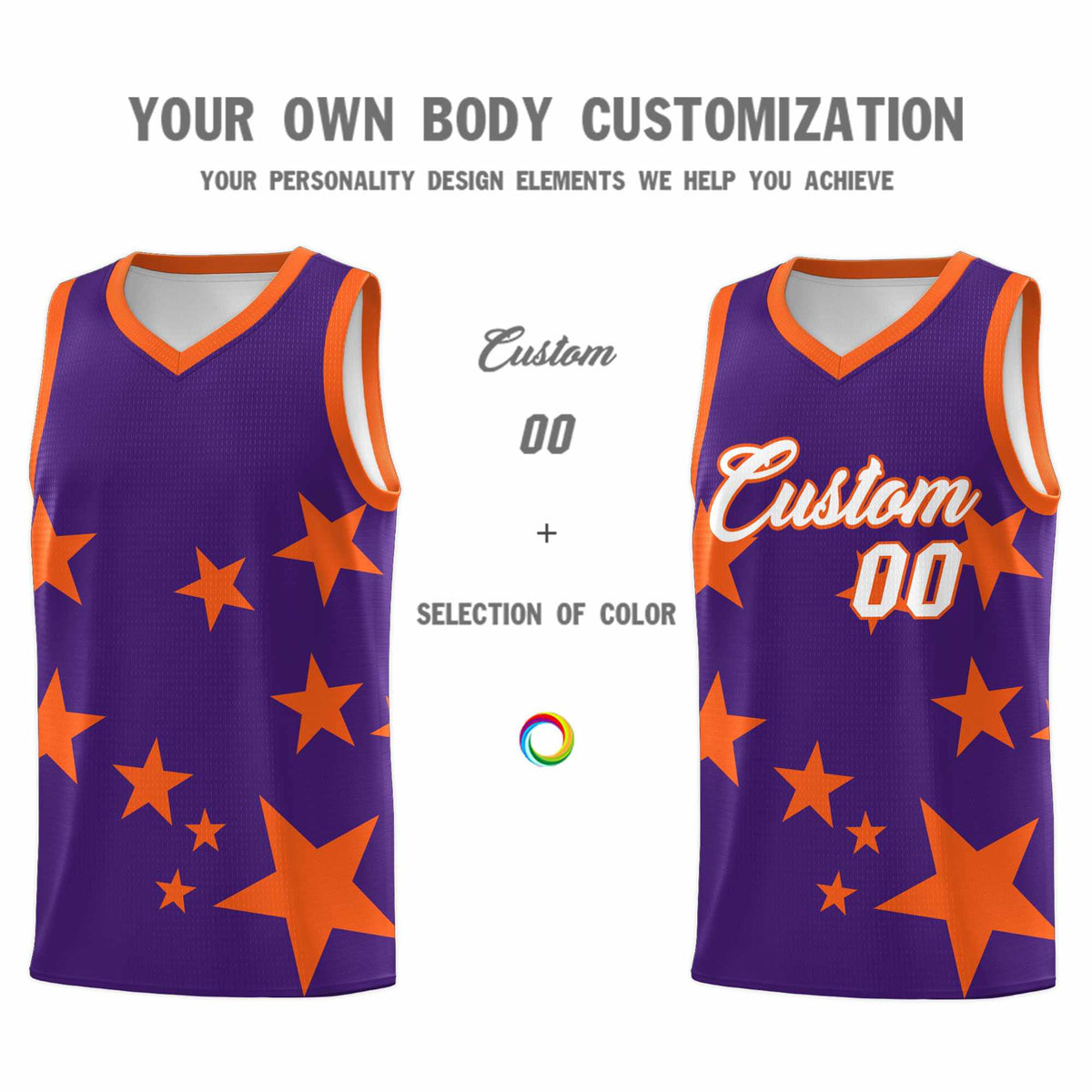 Custom Purple Orange Graffiti Pattern Star Print Basketball Kits Sets