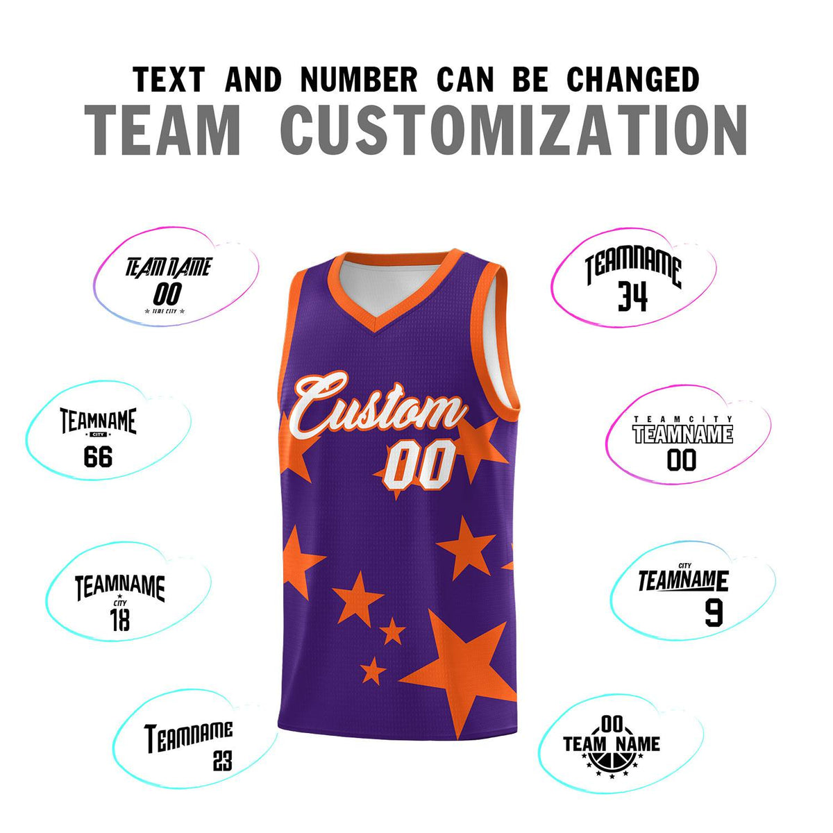 Custom Purple Orange Graffiti Pattern Star Print Basketball Kits Sets