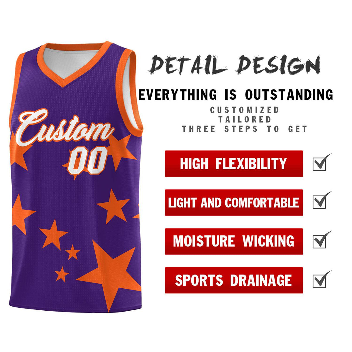 Custom Purple Orange Graffiti Pattern Star Print Basketball Kits Sets