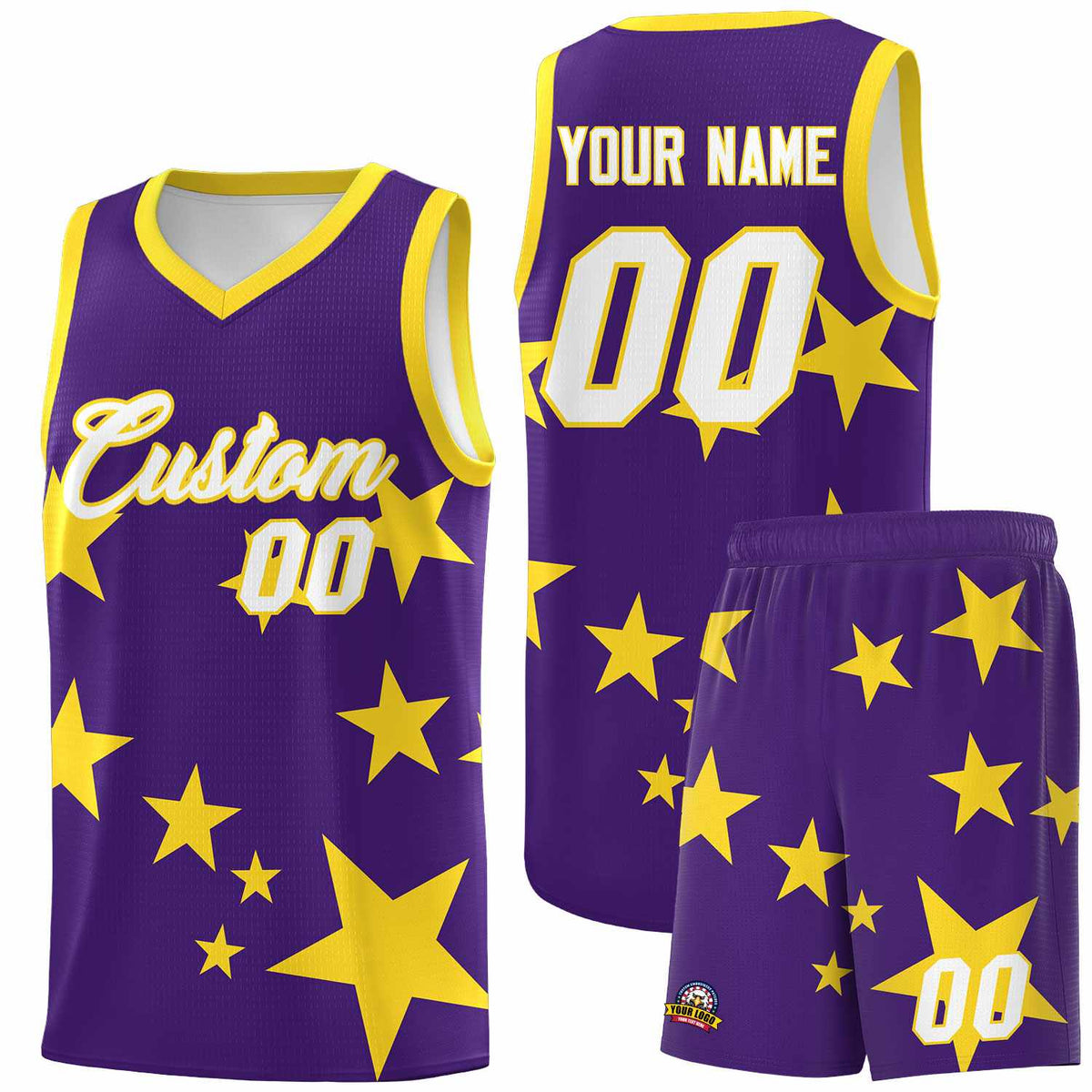 Custom Purple Gold Graffiti Pattern Star Print Basketball Kits Sets