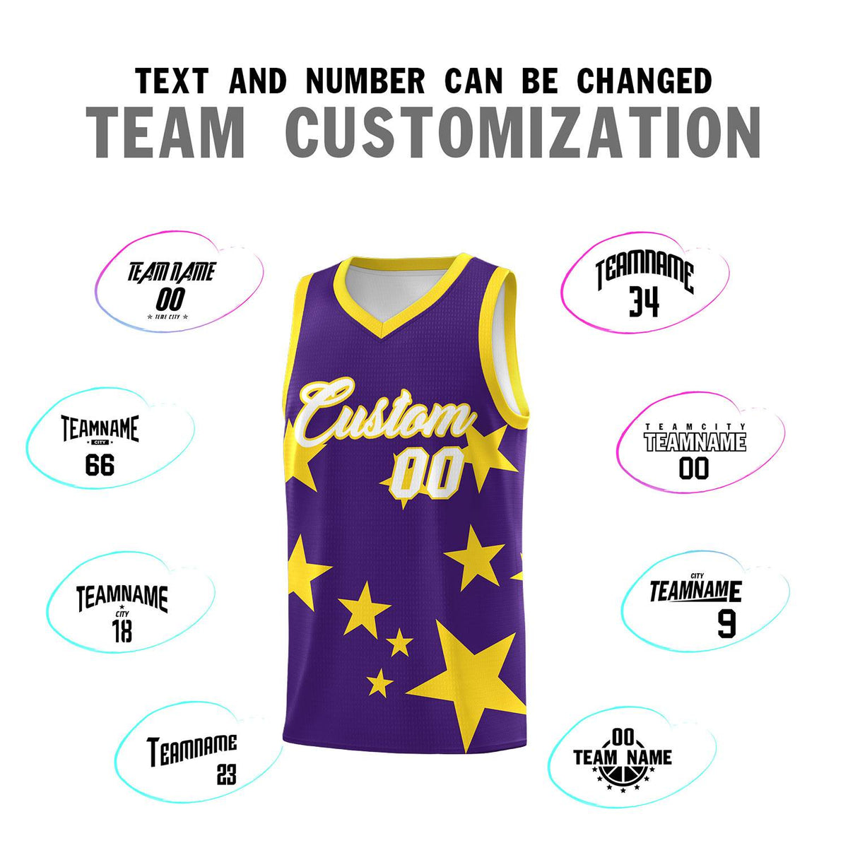 Custom Purple Gold Graffiti Pattern Star Print Basketball Kits Sets