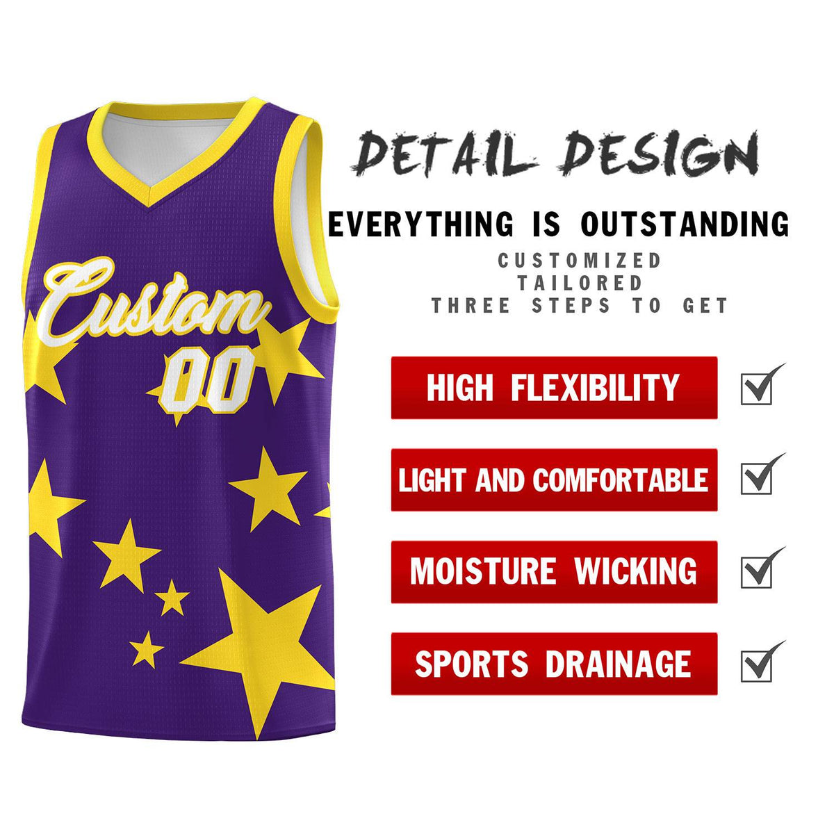 Custom Purple Gold Graffiti Pattern Star Print Basketball Kits Sets