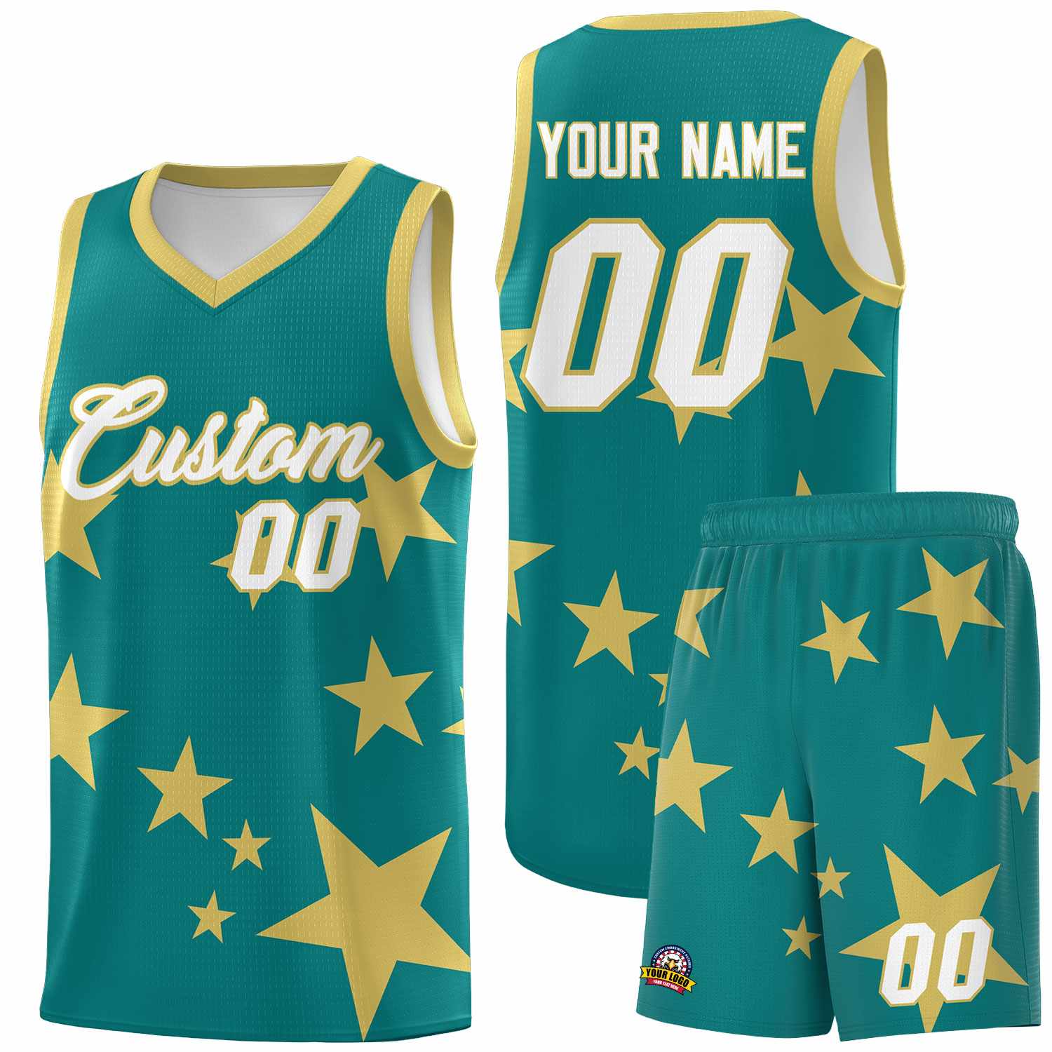 Custom Aqua Old Gold Graffiti Pattern Star Print Basketball Kits Sets