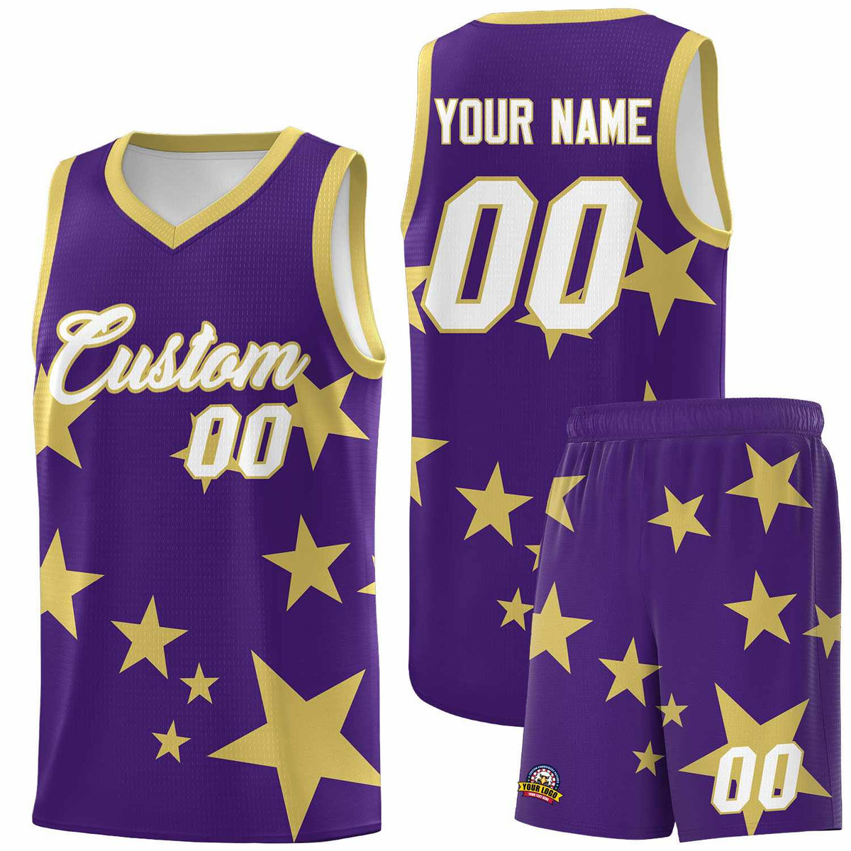 Custom Purple Old Gold Graffiti Pattern Star Print Basketball Kits Sets