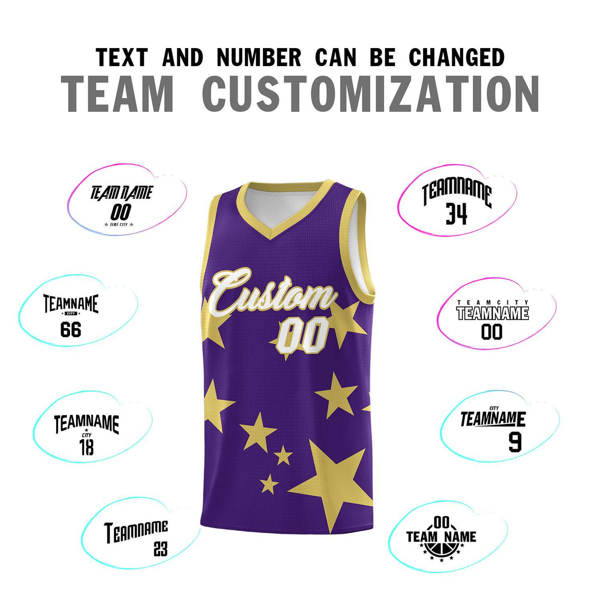Custom Purple Old Gold Graffiti Pattern Star Print Basketball Kits Sets