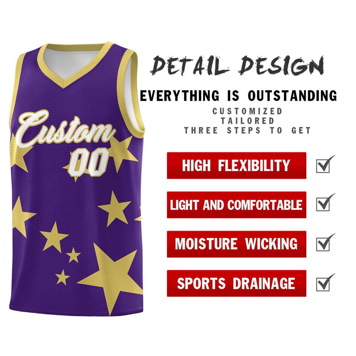 Custom Purple Old Gold Graffiti Pattern Star Print Basketball Kits Sets