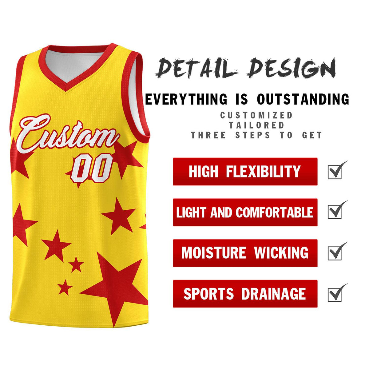 Custom Gold Red Graffiti Pattern Star Print Basketball Kits Sets