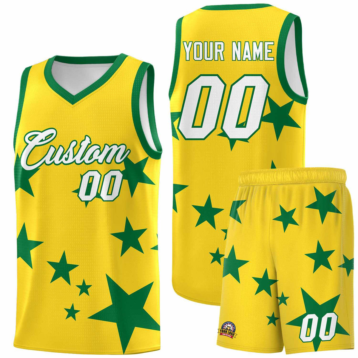 Custom Gold Kelly Green Graffiti Pattern Star Print Basketball Kits Sets