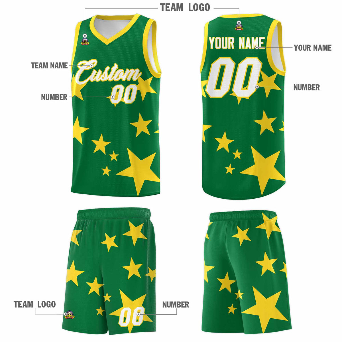 Custom Kelly Green Gold Graffiti Pattern Star Print Basketball Kits Sets