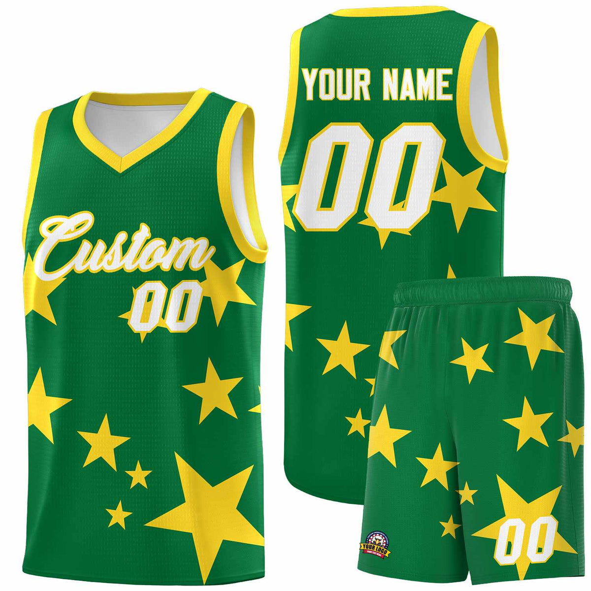 Custom Kelly Green Gold Graffiti Pattern Star Print Basketball Kits Sets