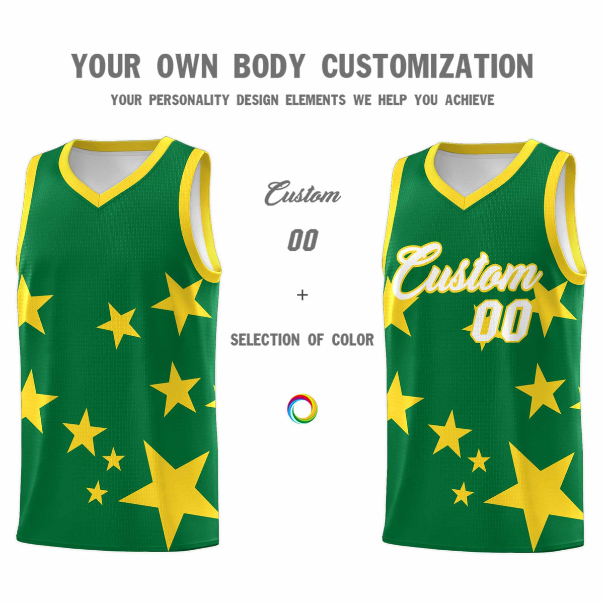 Custom Kelly Green Gold Graffiti Pattern Star Print Basketball Kits Sets