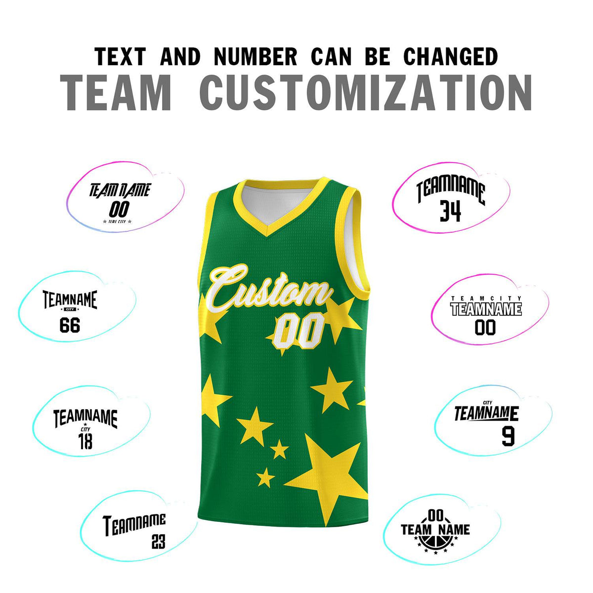 Custom Kelly Green Gold Graffiti Pattern Star Print Basketball Kits Sets