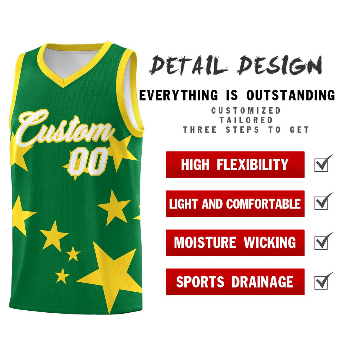 Custom Kelly Green Gold Graffiti Pattern Star Print Basketball Kits Sets