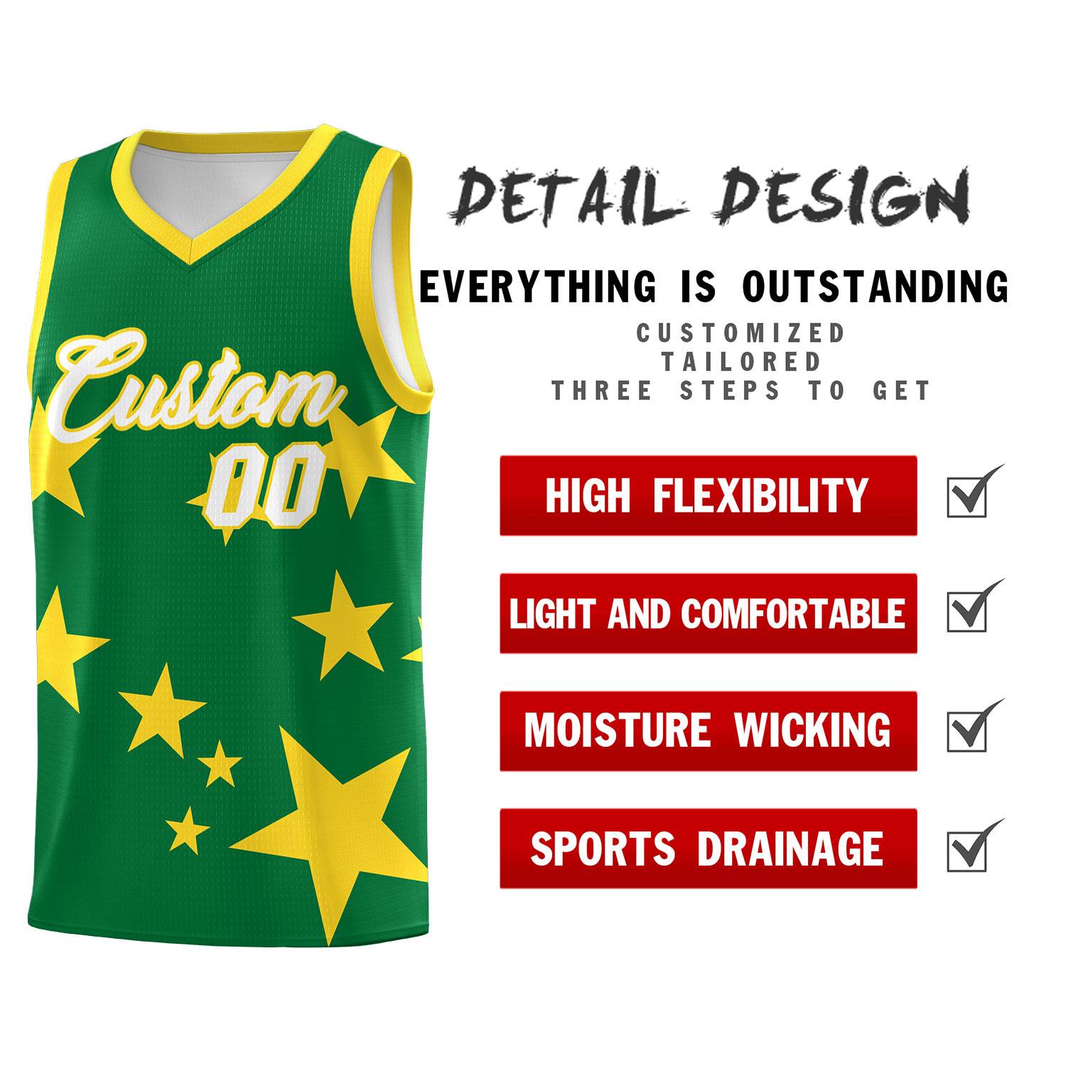 Custom Kelly Green Gold Graffiti Pattern Star Print Basketball Kits Sets