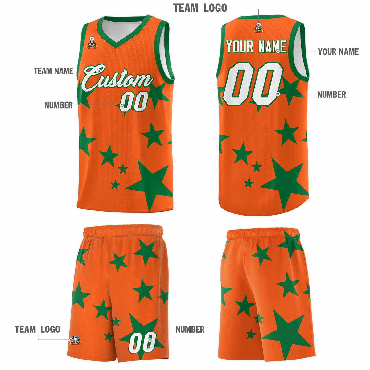 Custom Orange Kelly Green Graffiti Pattern Star Print Basketball Kits Sets