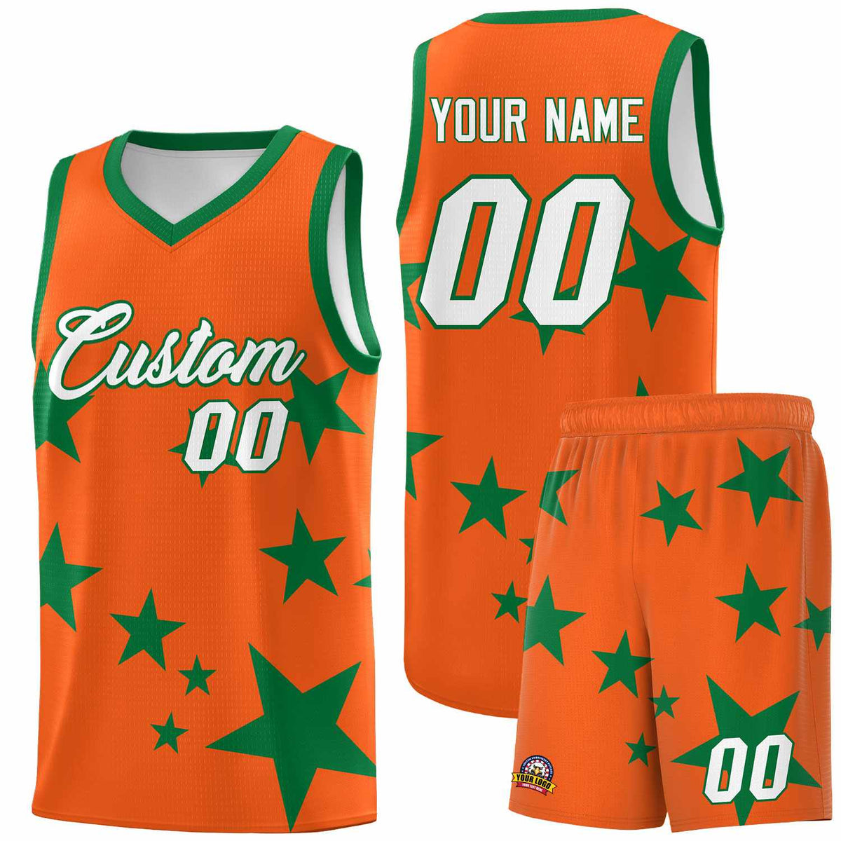Custom Orange Kelly Green Graffiti Pattern Star Print Basketball Kits Sets