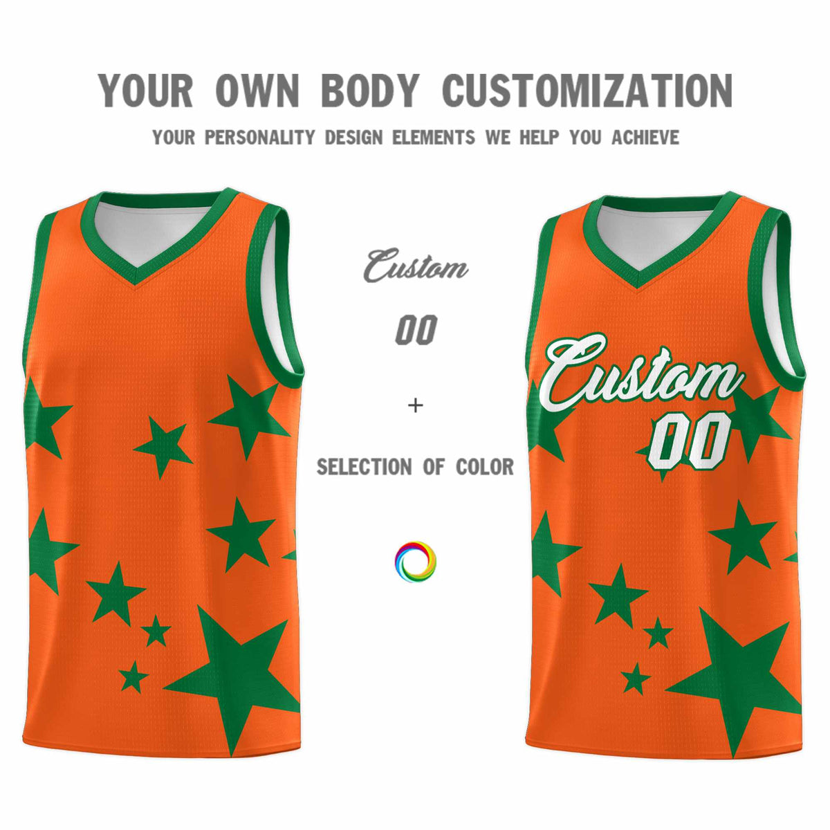 Custom Orange Kelly Green Graffiti Pattern Star Print Basketball Kits Sets