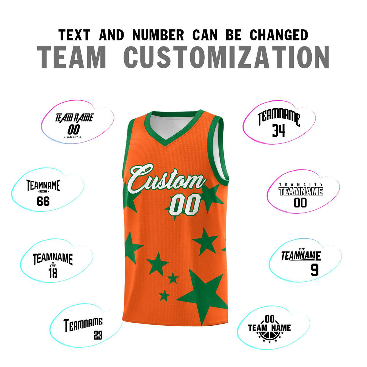 Custom Orange Kelly Green Graffiti Pattern Star Print Basketball Kits Sets