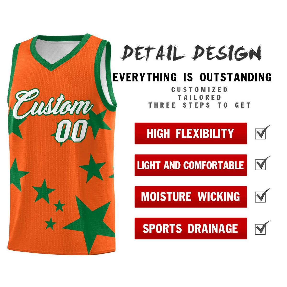 Custom Orange Kelly Green Graffiti Pattern Star Print Basketball Kits Sets
