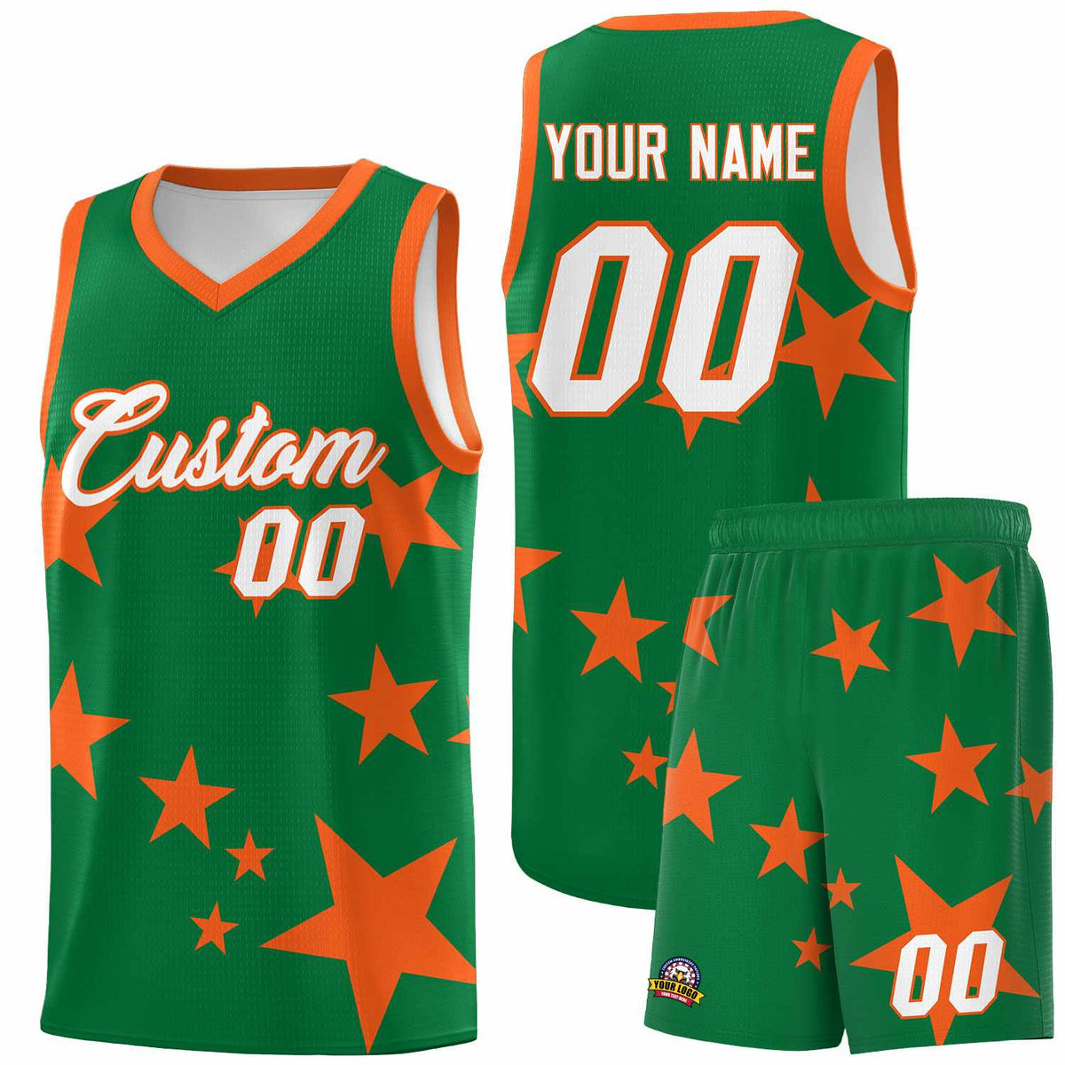 Custom Kelly Green Orange Graffiti Pattern Star Print Basketball Kits Sets