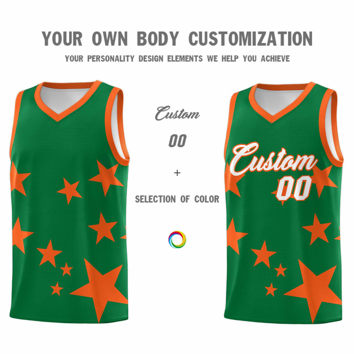 Custom Kelly Green Orange Graffiti Pattern Star Print Basketball Kits Sets