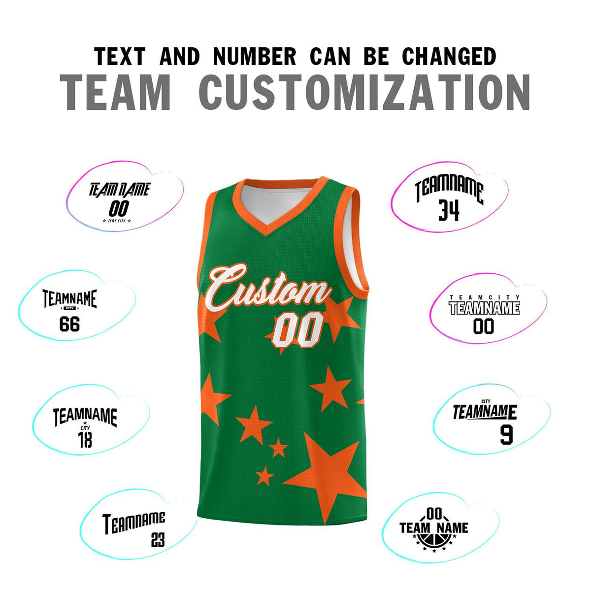 Custom Kelly Green Orange Graffiti Pattern Star Print Basketball Kits Sets
