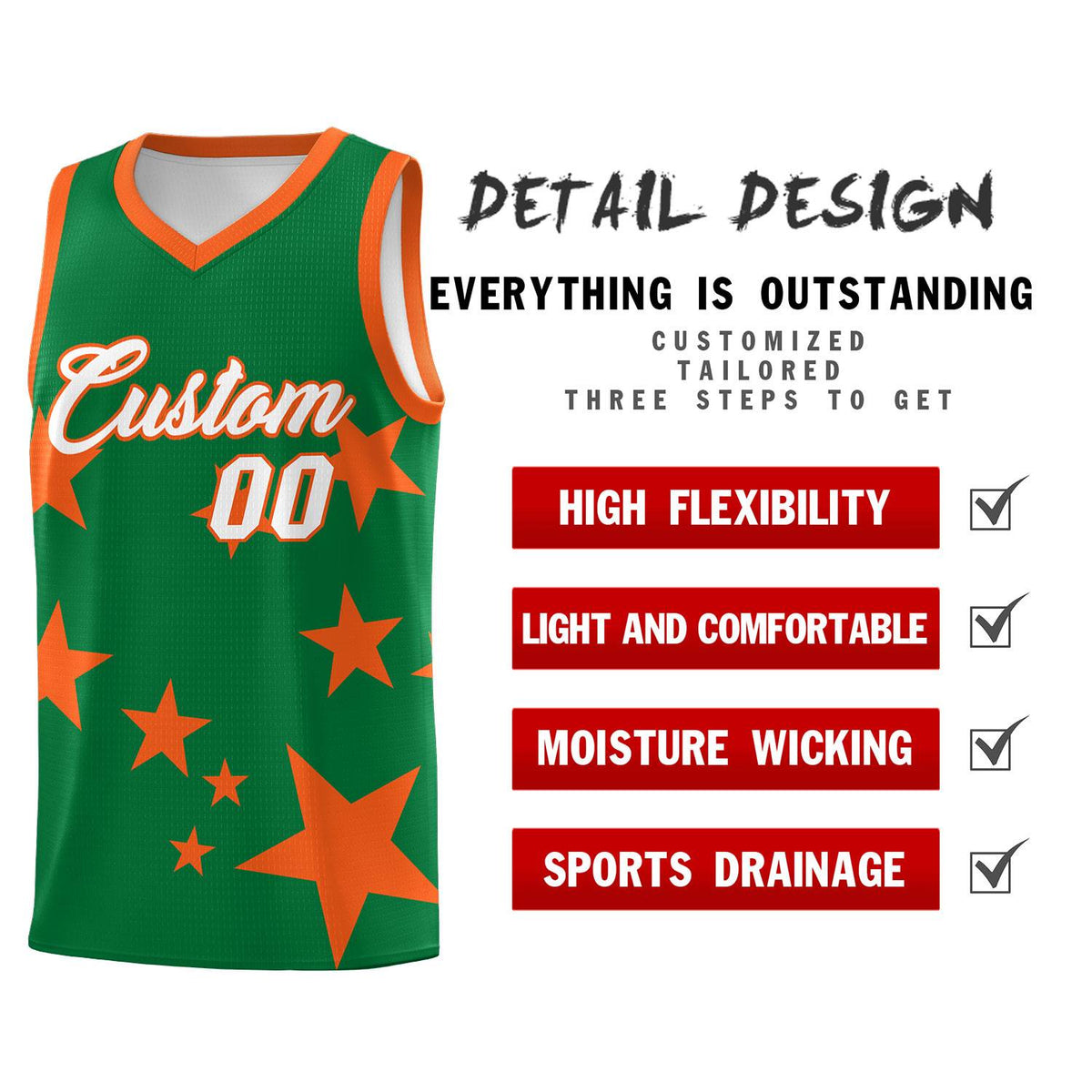 Custom Kelly Green Orange Graffiti Pattern Star Print Basketball Kits Sets