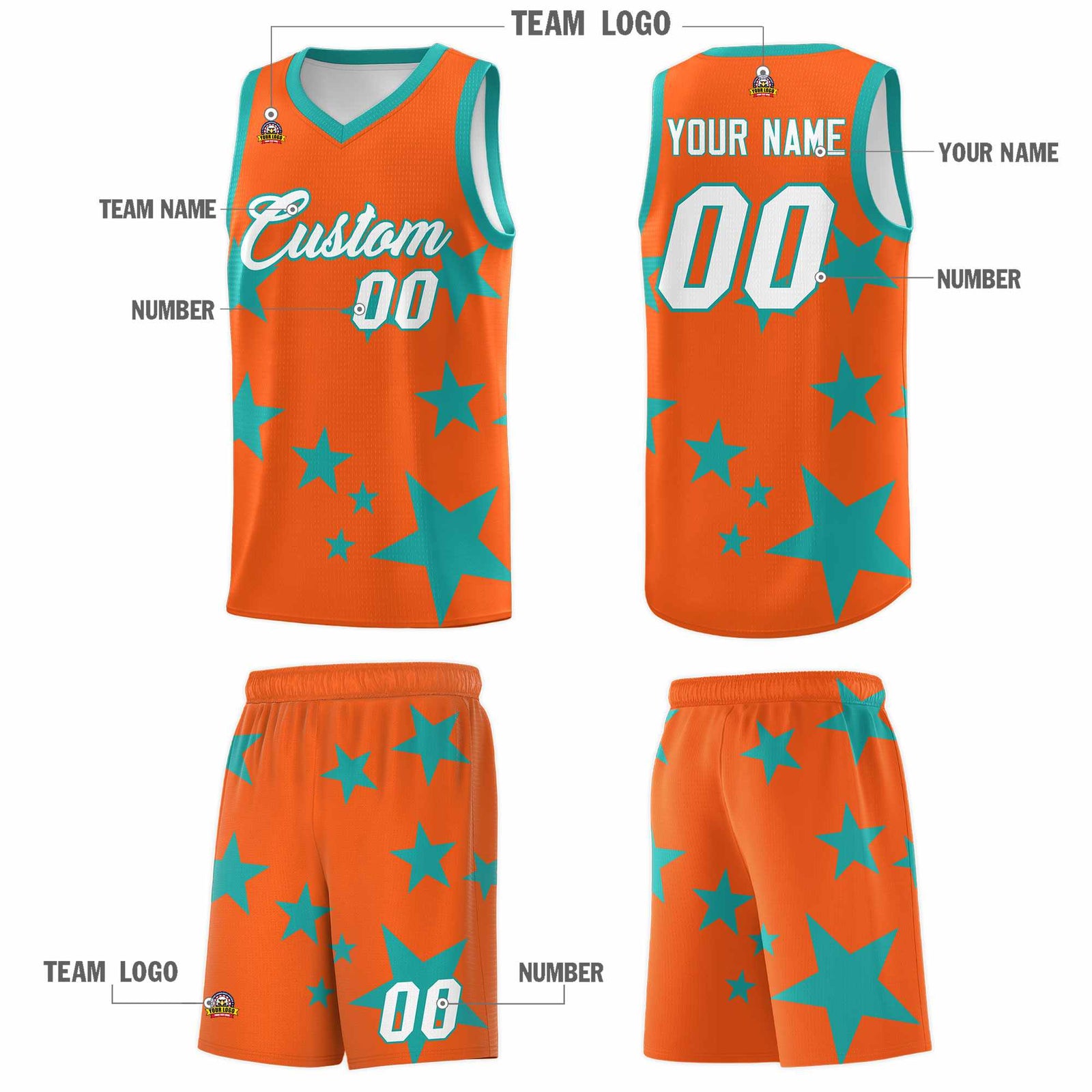 Custom Orange Aqua Graffiti Pattern Star Print Basketball Kits Sets