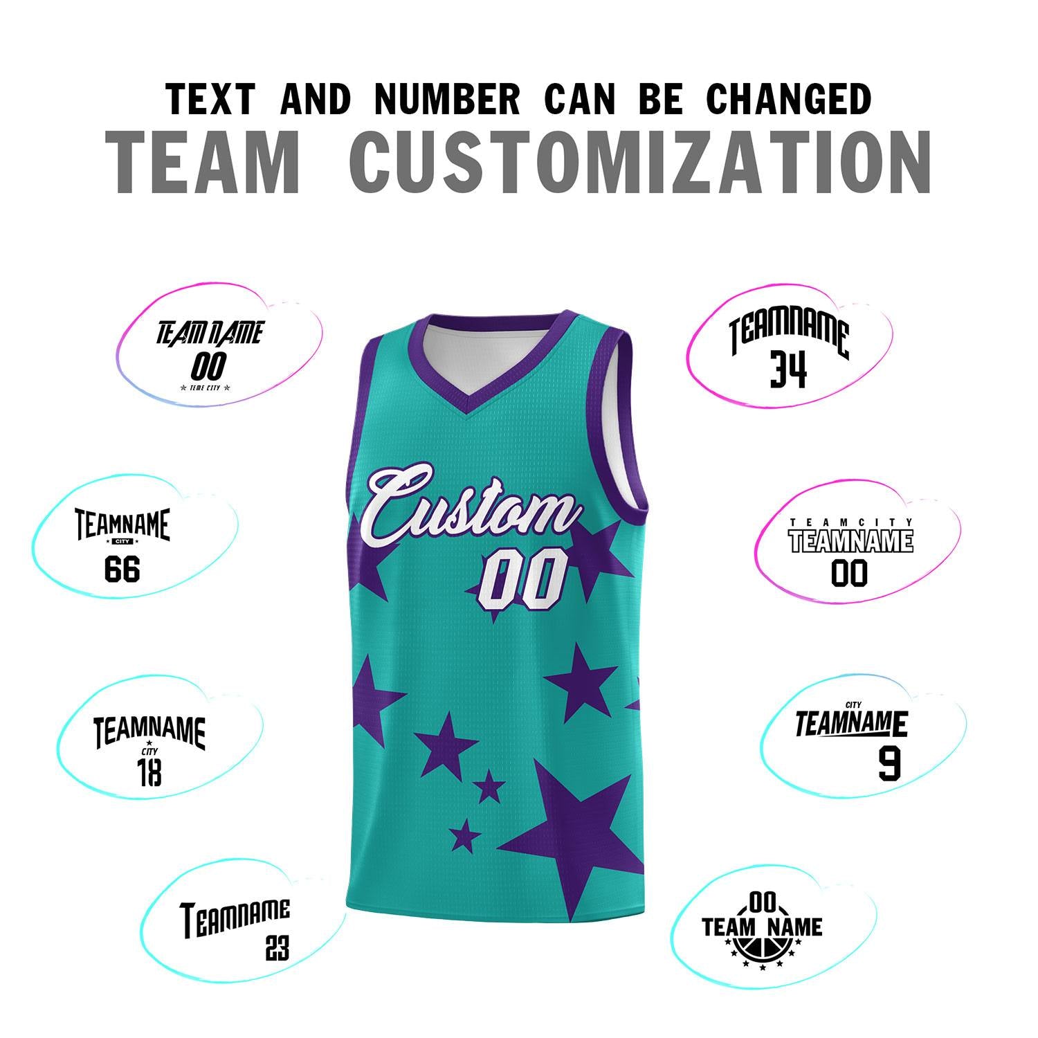Custom Aqua Purple Graffiti Pattern Star Print Basketball Kits Sets