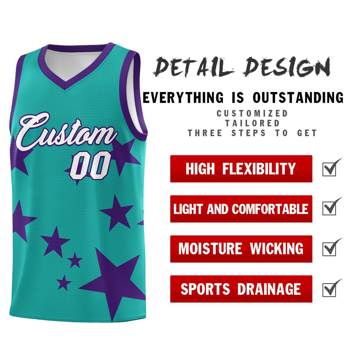 Custom Aqua Purple Graffiti Pattern Star Print Basketball Kits Sets