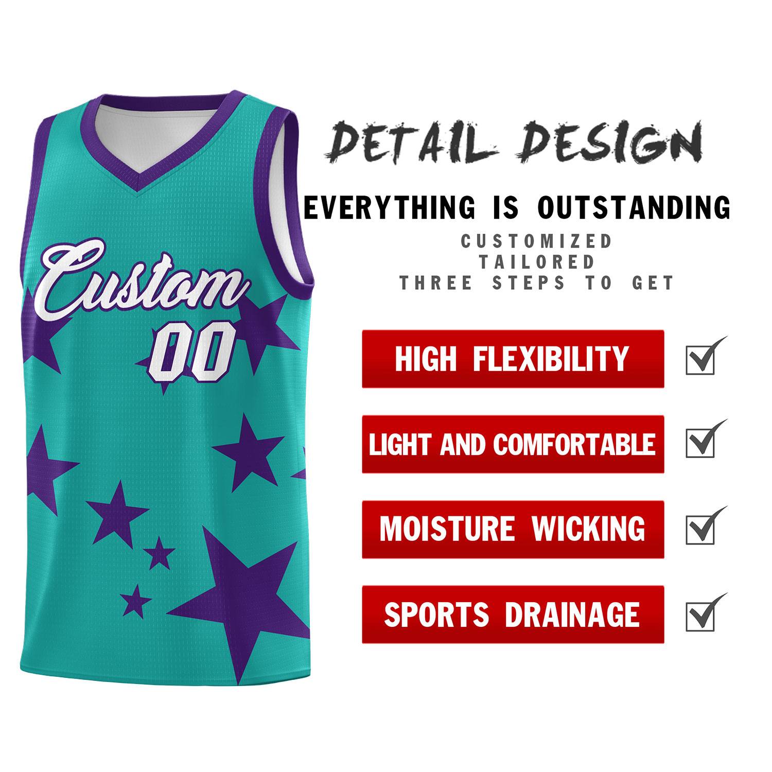 Custom Aqua Purple Graffiti Pattern Star Print Basketball Kits Sets
